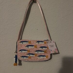 Pink Beaded Sardine Design Shoulder Bag